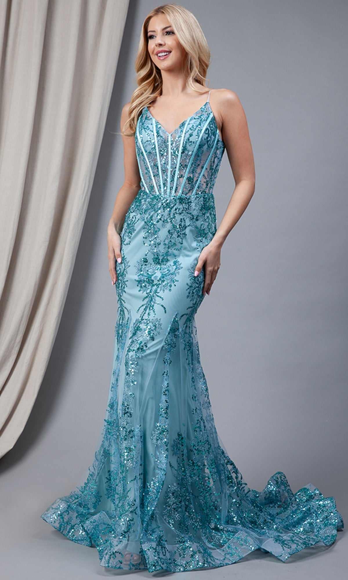 Sheer-Corset Long Glitter-Print Prom Dress BZ015
