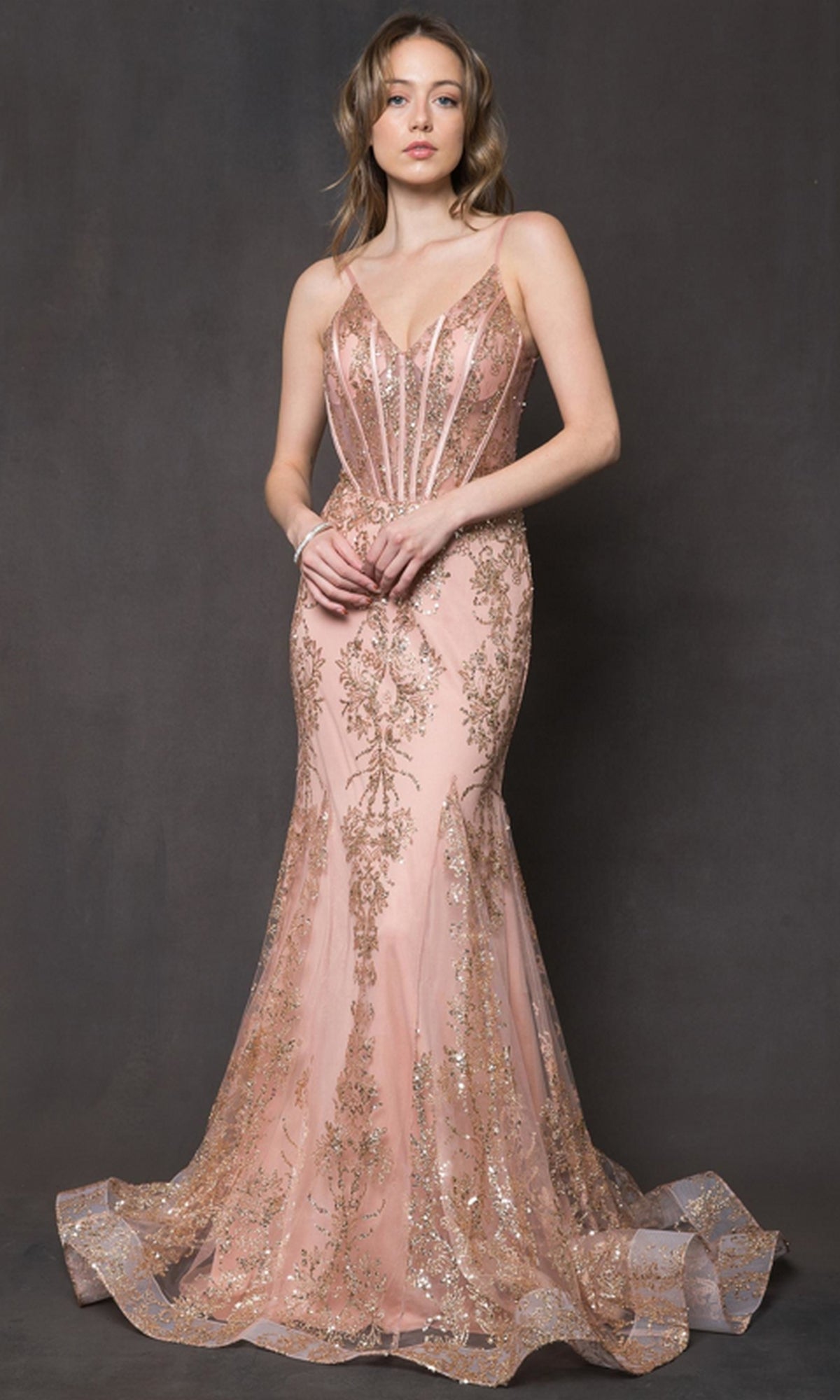 Sheer-Corset Long Glitter-Print Prom Dress BZ015