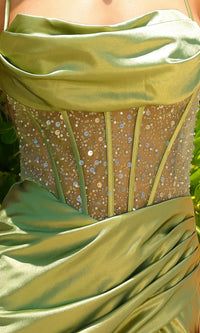 Sheer-Corset Cowl-Neck Long Prom Dress BZ020
