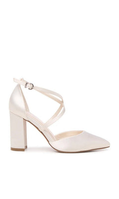 Beloved White Satin Prom Shoes: Touch Ups 4781MO featuring a white satin pointed-toe design with a block heel and a crisscross ankle strap.