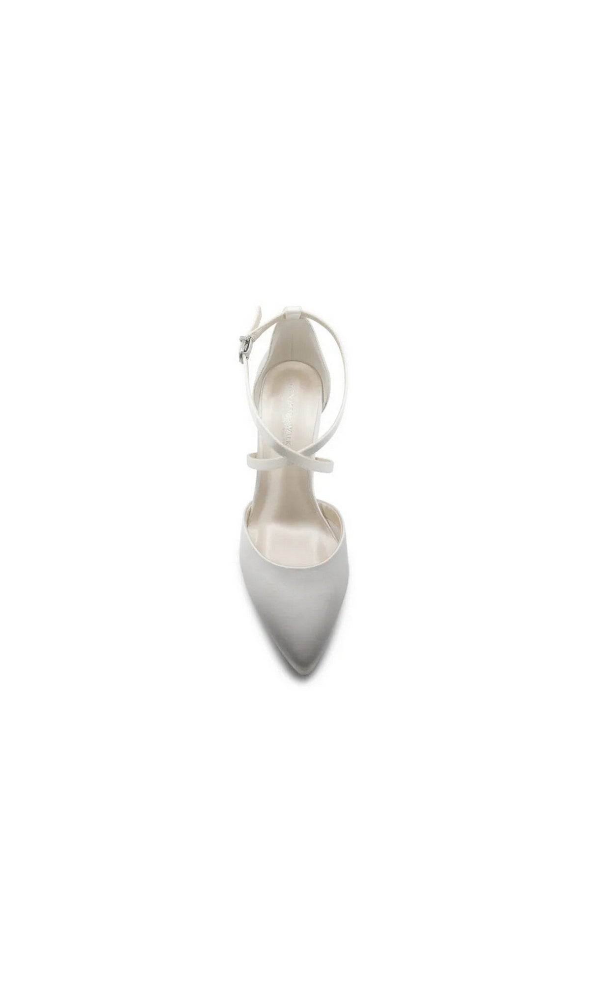 Beloved White Satin Prom Shoes: Touch Ups 4781MO featuring white satin pumps with a pointed toe, thin ankle strap, and crisscross detail.