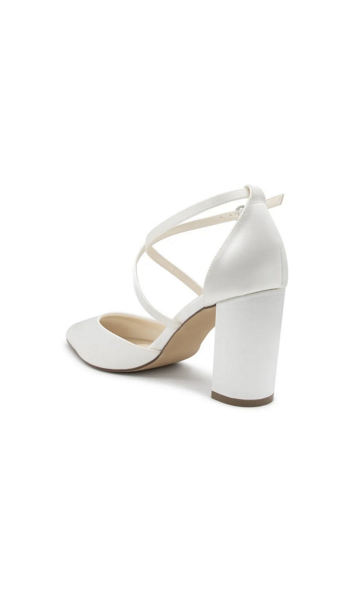 Beloved White Satin Prom Shoes: Touch Ups 4781MO are white satin pumps with a pointed toe and crisscross ankle straps.