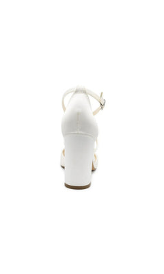 Back view of Beloved White Satin Prom Shoes: Touch Ups 4781MO, featuring white satin ankle-strap block heels.