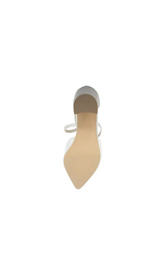 Bottom view of Beloved White Satin Prom Shoes: Touch Ups 4781MO, featuring white satin pumps with a pointed toe, block heel, and ankle strap.