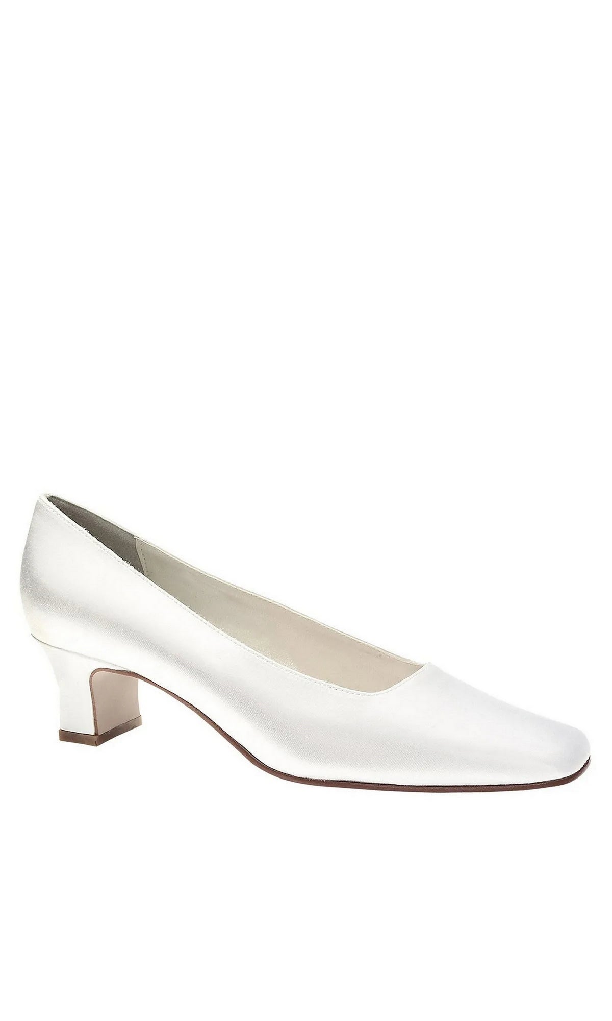 Betty White Block Heel Prom Shoes: Dyeables 126 white satin pumps with a low block heel.