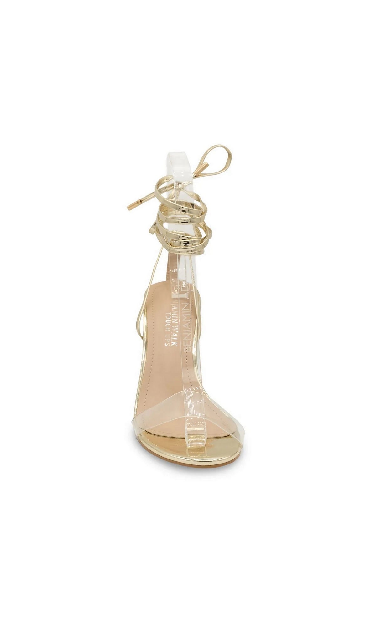 Bowie Gold Block Heel Prom Shoes: Touch Ups 4690 are gold glitter block-heel sandals featuring a clear toe strap and gold wraparound ankle laces.