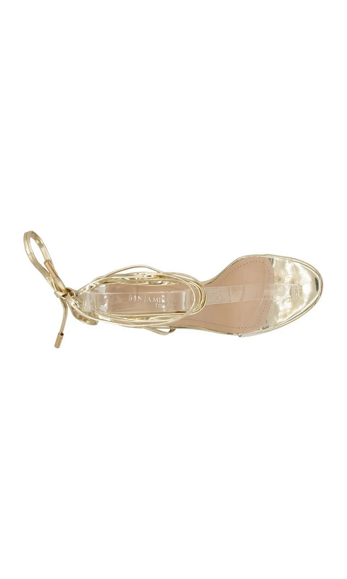 Bowie Gold Block Heel Prom Shoes: Touch Ups 4690 are gold block-heel glitter sandals with a clear toe strap and thin, lace-up ankle ties.