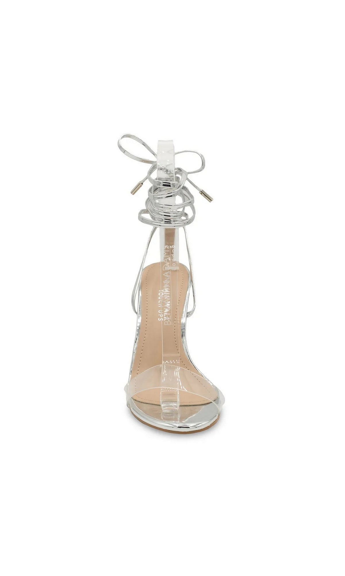 Bowie Silver Block Heel Prom Shoes: Touch Ups 4689 with a silver block heel, a clear toe strap, and wrap-around ankle ties.