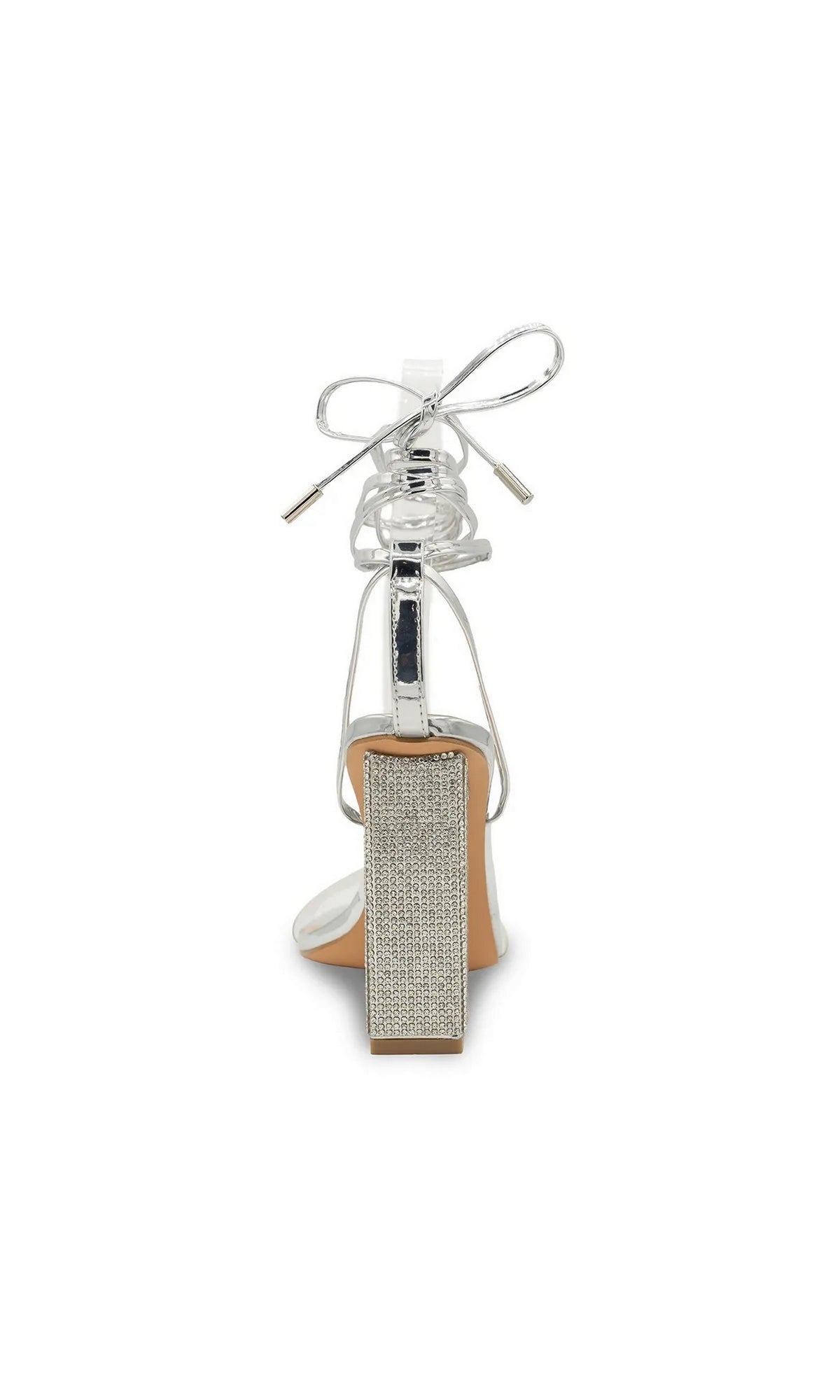 Bowie Silver Block Heel Prom Shoes: Touch Ups 4689 are silver high-heeled sandals featuring a rhinestone-covered block heel and wraparound ankle ties.