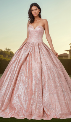 A woman stands outdoors wearing the Quinceanera Dress 1341 by Dancing Queen, featuring a strapless design with a shimmering pink fitted bodice and a full, flowing skirt.