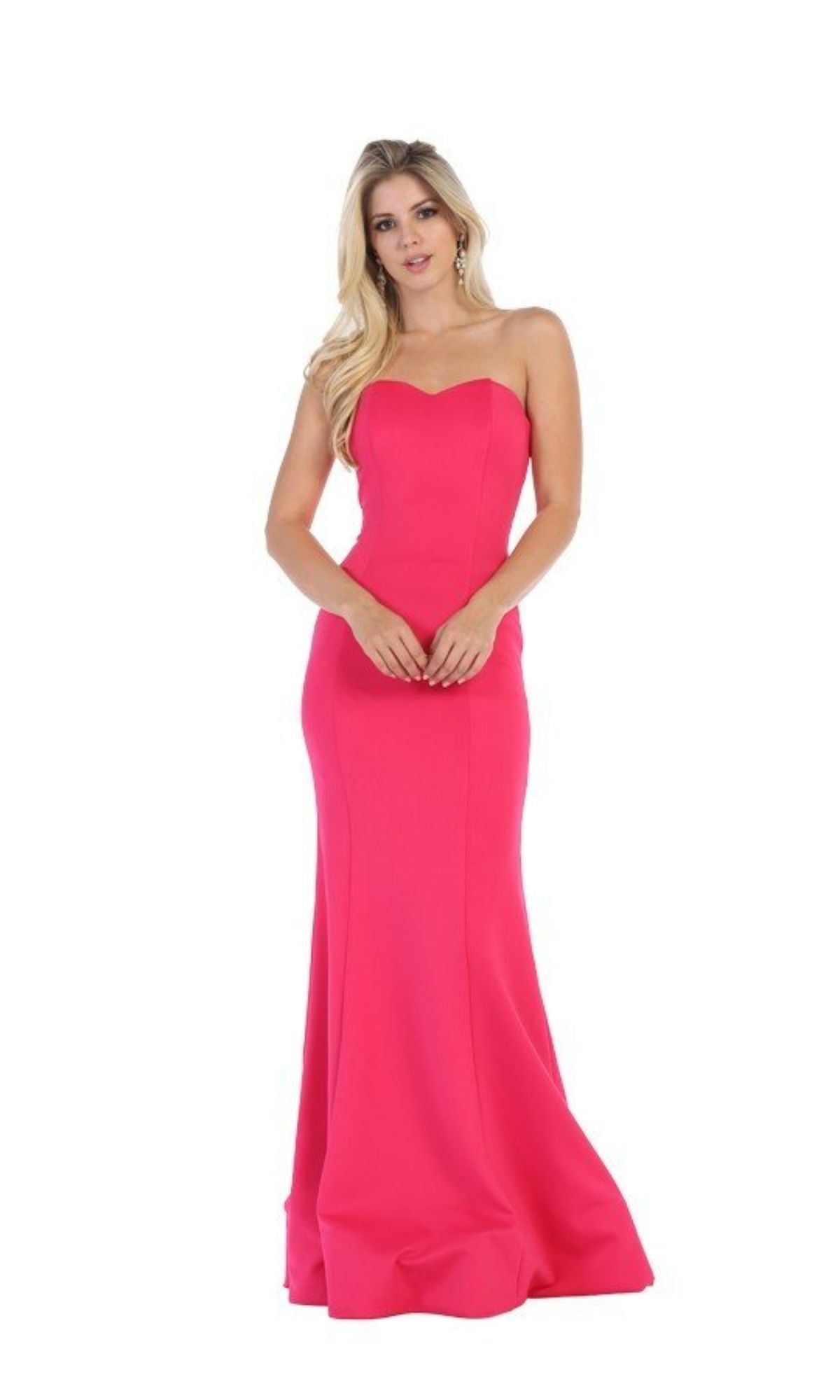 A woman poses against a white background wearing the Strapless Sweetheart Long Prom Dress: Chicas C011, a floor-length, strapless, bright pink gown.