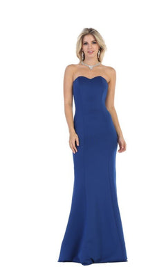 A woman wears the Strapless Sweetheart Long Prom Dress: Chicas C011 in royal blue, featuring a strapless sweetheart neckline, fitted silhouette, and floor-length hem, standing against a plain white background.