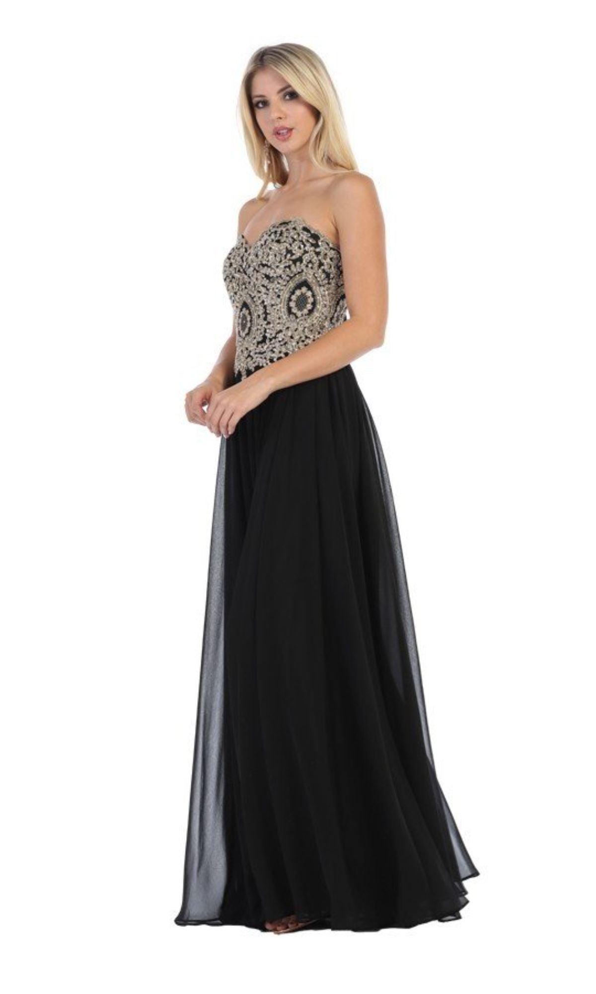 Woman wearing the Lace-Up Strapless Long Prom Dress: Chicas C0533, featuring a sweetheart neckline and gold-embroidered bodice, standing against a plain white background in an elegant evening gown.