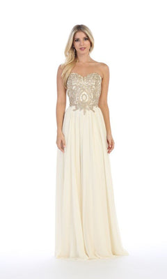 A woman wears the Lace-Up Strapless Long Prom Dress: Chicas C0533, featuring a gold-embroidered bodice and a flowing, floor-length skirt, as she stands against a plain white background.