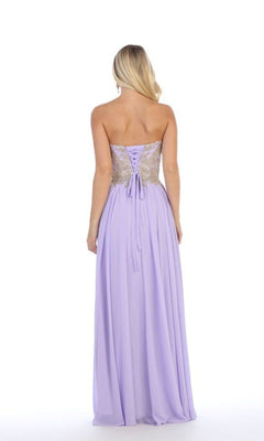 A woman faces away in the Chicas C0533 Lace-Up Strapless Long Prom Dress, featuring a gold-embroidered bodice and lace-up back, posing against a white background.