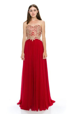 A woman wears the Lace-Up Strapless Long Prom Dress: Chicas C0533, featuring a fitted, gold-embroidered bodice and a flowing skirt, set against a plain white background.