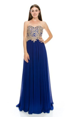 A woman poses against a white background in the Lace-Up Strapless Long Prom Dress: Chicas C0533, featuring a sweetheart neckline, royal blue floor-length skirt, and gold-embroidered bodice.