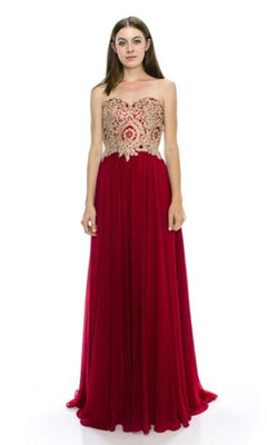 A woman models the Lace-Up Strapless Long Prom Dress: Chicas C0533 in vibrant red, with a gold-embroidered bodice and flowing floor-length skirt, standing against a plain white background.