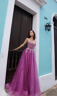Glitter-Tulle Long Magenta Prom Dress C1407
