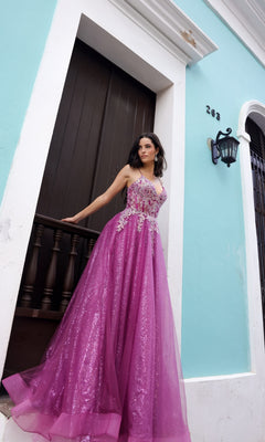 A woman in a Glitter-Tulle Long Magenta Prom Dress C1407 stands before a brown door and turquoise wall marked with the number 263.