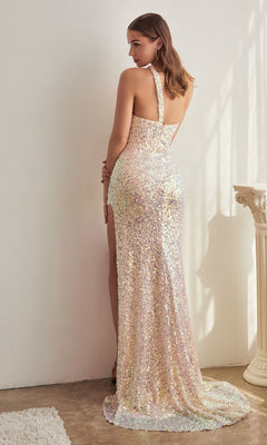 A woman stands indoors facing away, wearing the One-Shoulder Long Sequin Prom Dress C140 with a high slit, near a white textured wall and a decorative column.