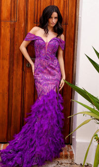 Off-Shoulder Long Feather Purple Prom Dress C1461