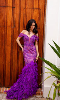 Off-Shoulder Long Feather Purple Prom Dress C1461