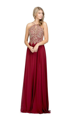 A woman stands with her hands clasped, wearing the High-Neck Long A-Line Prom Dress: Chicas C1521—a sleeveless burgundy gown with a golden lace-embroidered bodice.