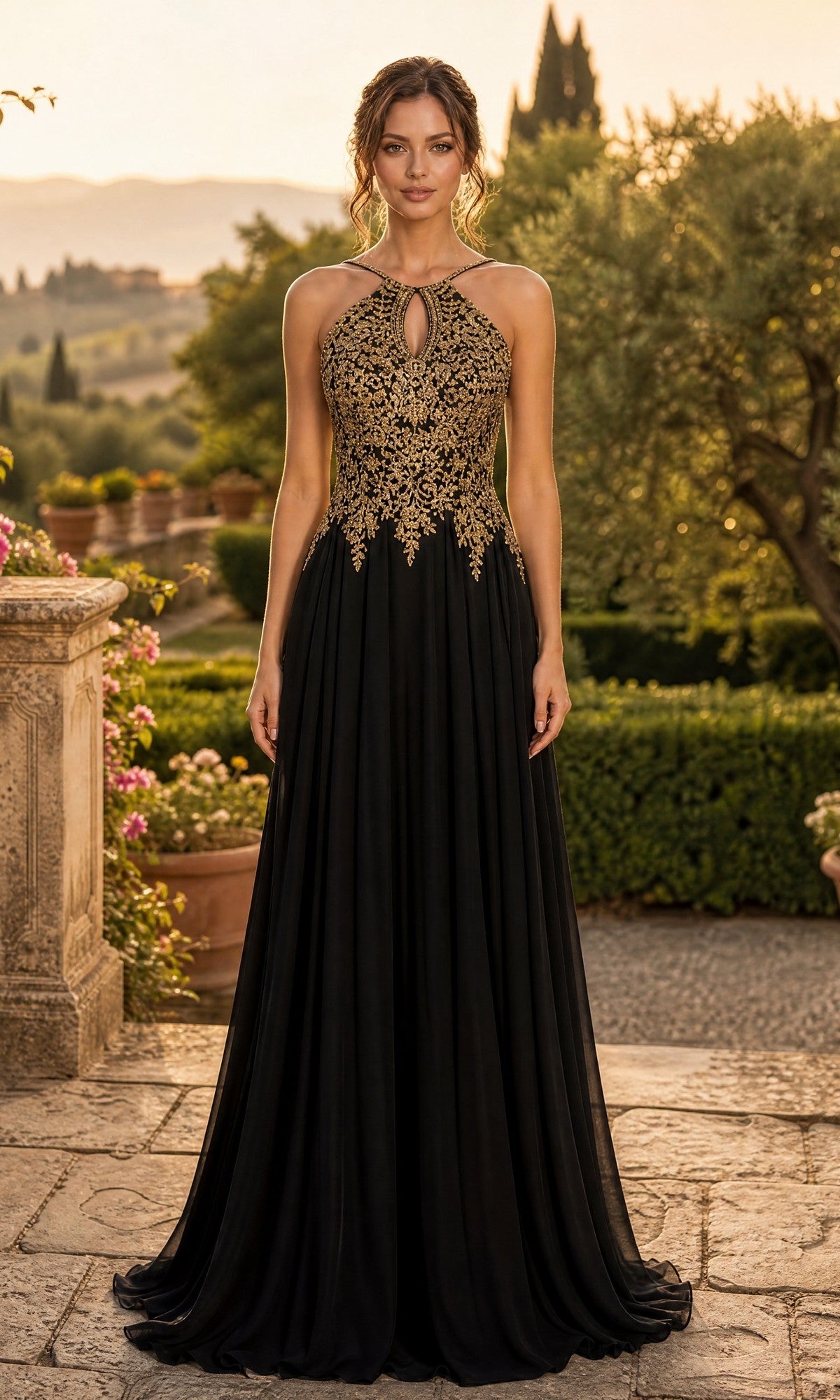 At sunset, a woman stands outdoors amidst lush greenery and garden scenery, wearing the High-Neck Long A-Line Prom Dress: Chicas C1521 in Black/Gold, featuring a sleeveless design and gold embroidered lace on the bodice.