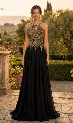 At sunset, a woman stands outdoors amidst lush greenery and garden scenery, wearing the High-Neck Long A-Line Prom Dress: Chicas C1521 in Black/Gold, featuring a sleeveless design and gold embroidered lace on the bodice.