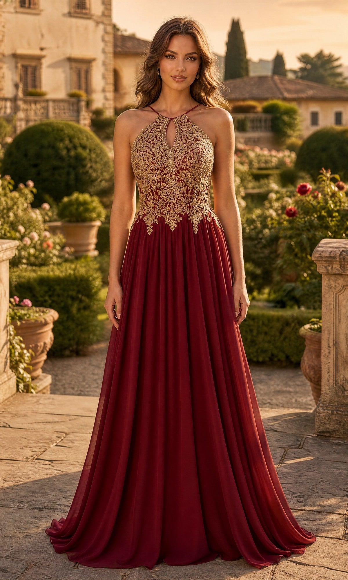 Wearing the High-Neck Long A-Line Prom Dress: Chicas C1521 in burgundy and gold, a woman stands outdoors on a stone path, framed by manicured gardens and historic buildings.