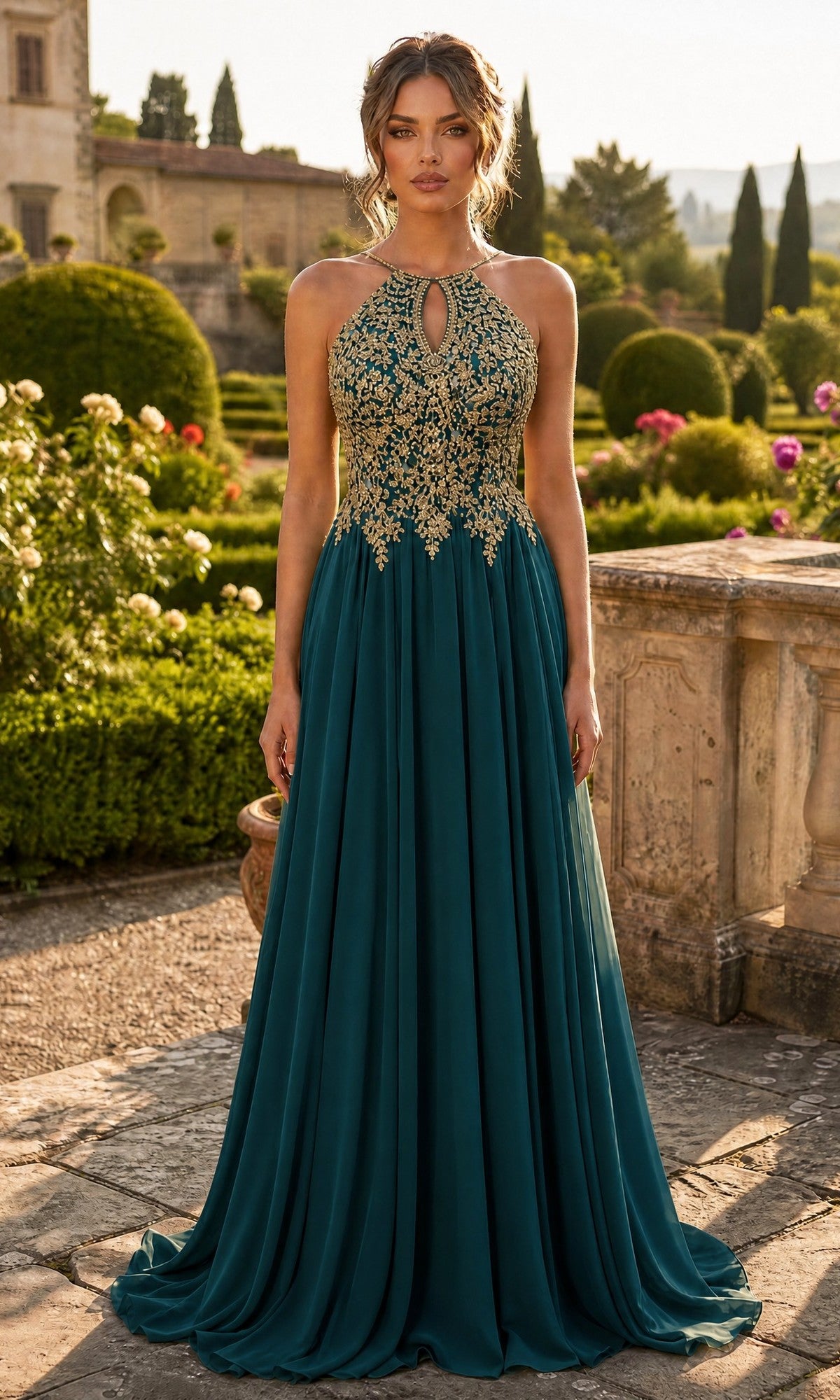A woman wearing the High-Neck Long A-Line Prom Dress Chicas C1521 in elegant green and gold stands outdoors in a formal garden, surrounded by manicured hedges and historic architecture in the background.