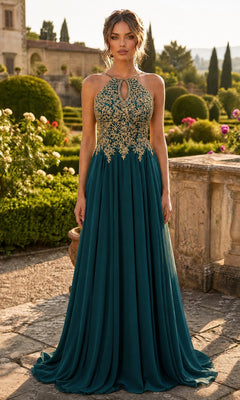 A woman wearing the High-Neck Long A-Line Prom Dress Chicas C1521 in elegant green and gold stands outdoors in a formal garden, surrounded by manicured hedges and historic architecture in the background.