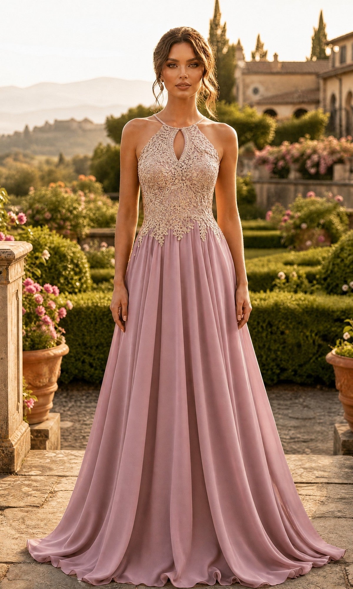 A woman in the High-Neck Long A-Line Prom Dress: Chicas C1521, featuring a beaded bodice, delicate gold embroidered lace, and a sleeveless mocha/gold design, stands in an elegant garden with flowers and greenery in the background.