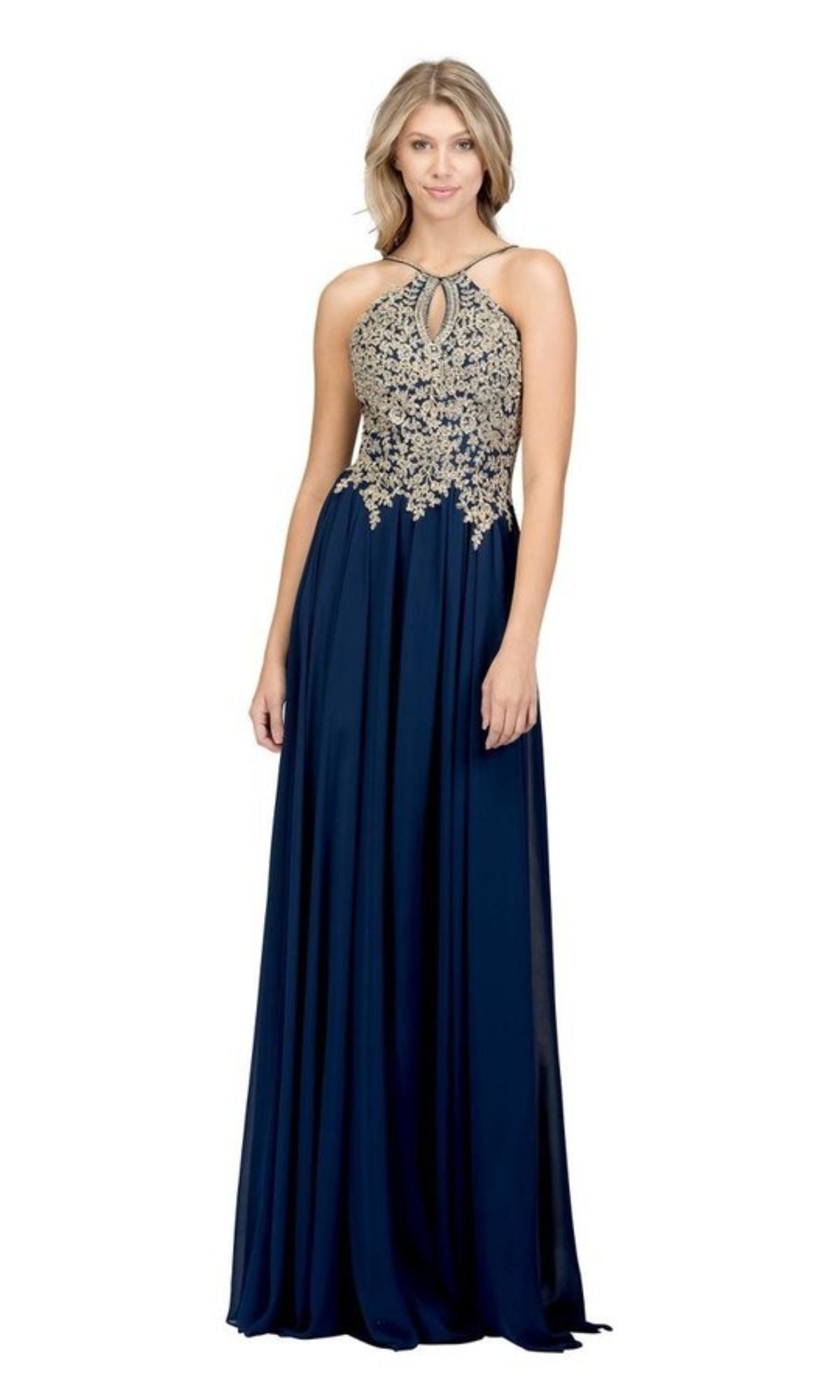 A woman wears the High-Neck Long A-Line Prom Dress: Chicas C1521, a sleeveless navy gown featuring a fitted golden lace embroidered bodice and a flowing skirt, standing against a plain white background.