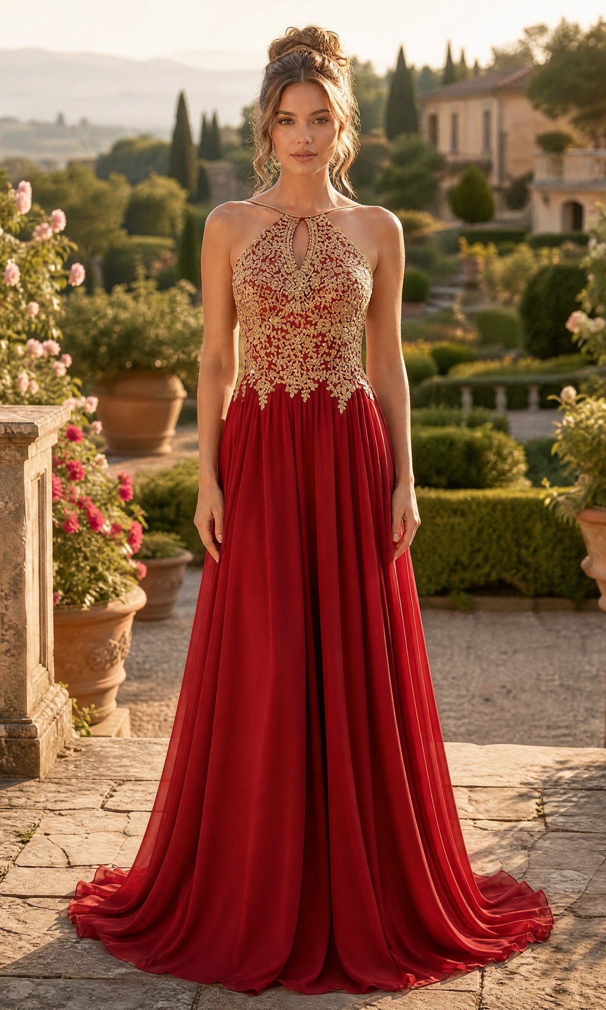 A woman stands outdoors in a garden setting with greenery and stone features, wearing the Chicas C1521 High-Neck Long A-Line Prom Dress in red/gold, featuring gold embroidered lace on the bodice.