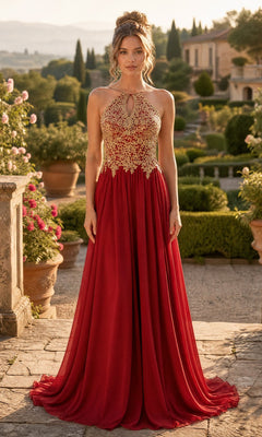 A woman stands outdoors in a garden setting with greenery and stone features, wearing the Chicas C1521 High-Neck Long A-Line Prom Dress in red/gold, featuring gold embroidered lace on the bodice.