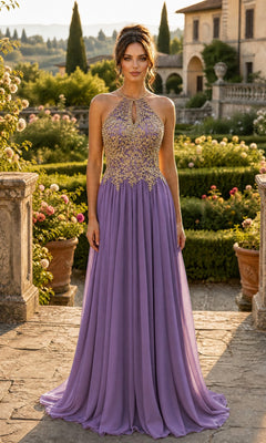 A woman wearing the Chicas C1521 high-neck long A-line prom dress in Victorian Lilac and Gold stands in a formal garden with stone railings and greenery in the background.