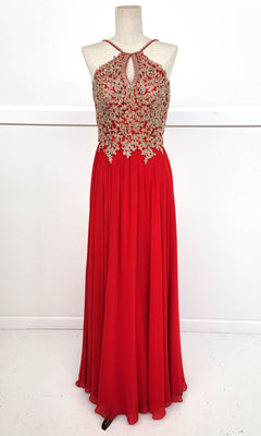 The Chicas C1521 High-Neck Long A-Line Prom Dress is sleeveless, red, features a keyhole neckline with golden lace embroidery on the bodice, and is displayed on a dress form against a plain background.