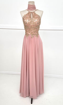 High-Neck Long Prom Dress with Gold Lace Embroidery Rose/Gold / 2XLarge High-Neck Long Prom Dress with Gold Lace Embroidery Rose/Gold / 2XLarge