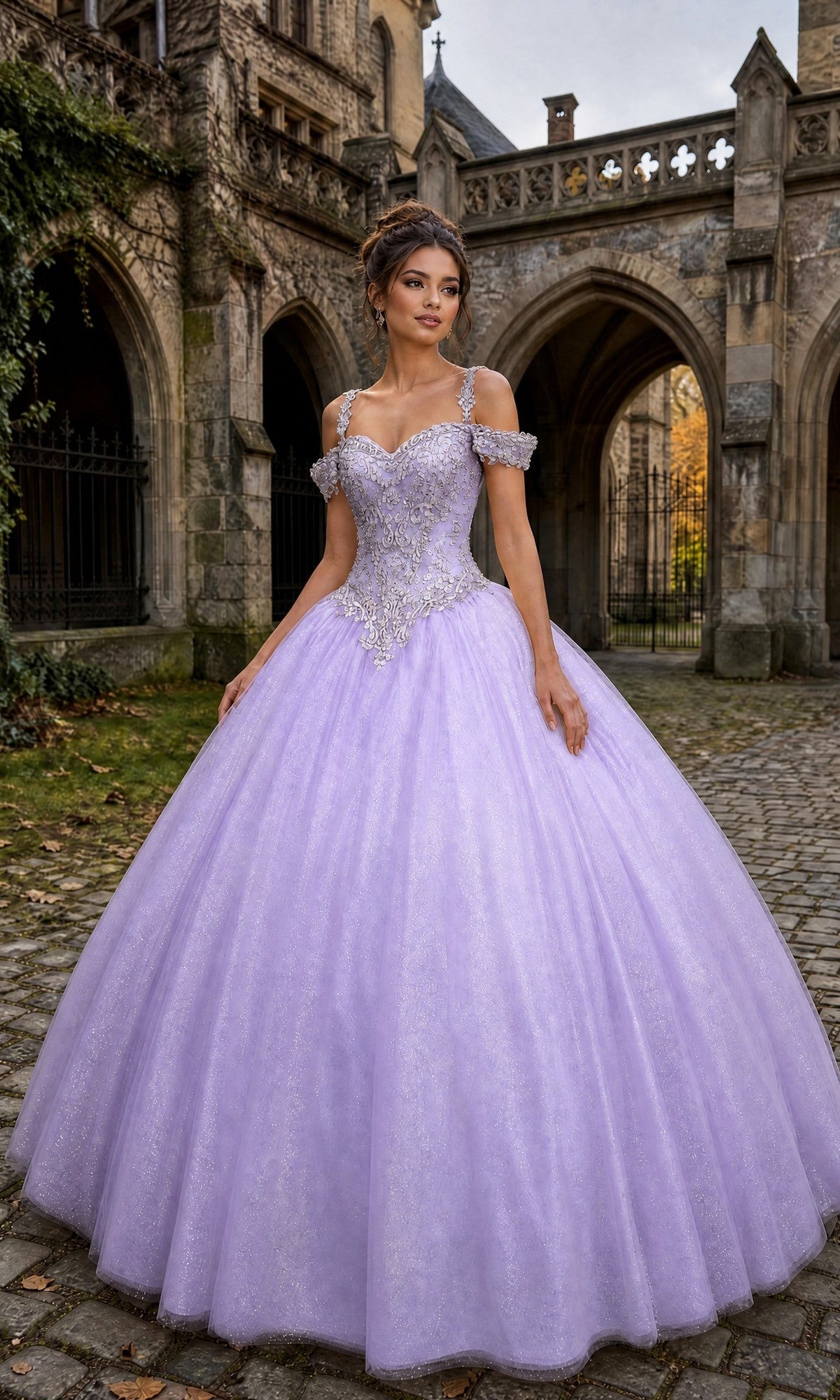 A woman wearing the Quinceanera Dress: Chicas C1535 in lilac, featuring an embellished bodice, stands outside in front of a historic stone building with arches and a cobblestone path.