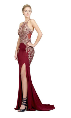 A woman models the Sheer Illusion-Sides Long Prom Dress: Chicas C1541—a burgundy gown with gold embroidered lace, high neckline, sheer side panels, and thigh-high slit—against a white background.