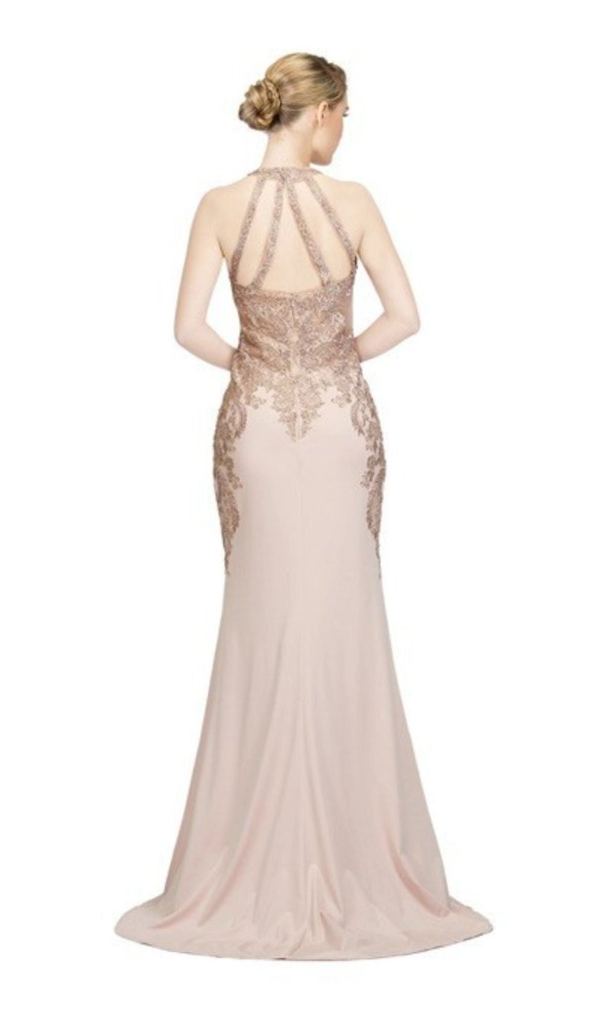 A woman stands facing away from the camera in the Sheer Illusion-Sides Long Prom Dress: Chicas C1541, a blush pink, floor-length gown featuring gold embroidered lace and a strappy open back.