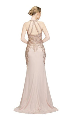 A woman stands facing away from the camera in the Sheer Illusion-Sides Long Prom Dress: Chicas C1541, a blush pink, floor-length gown featuring gold embroidered lace and a strappy open back.