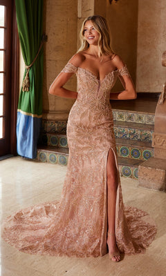 A woman stands indoors on a marble floor, exuding elegance in the Nox Anabel C1600—a lace-up long beaded prom dress with sequin embellishments, an off-the-shoulder neckline, and a thigh-high slit in blush pink.