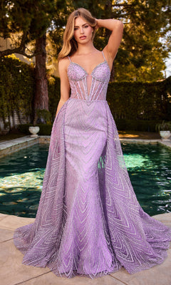 A woman stands poolside outdoors, wearing the Ladivine C167 Deep V-Neck Long Glitter Prom Dress—a sleeveless lavender gown with intricate beadwork, sheer panels, and a graceful mermaid skirt.