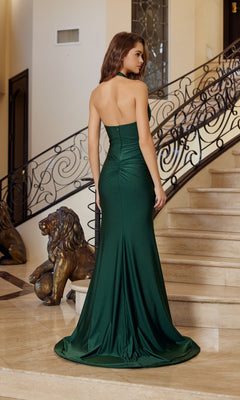 A woman in the Nox Anabel C1723 long prom dress stands on a marble staircase with ornate railings and bronze lion statues.