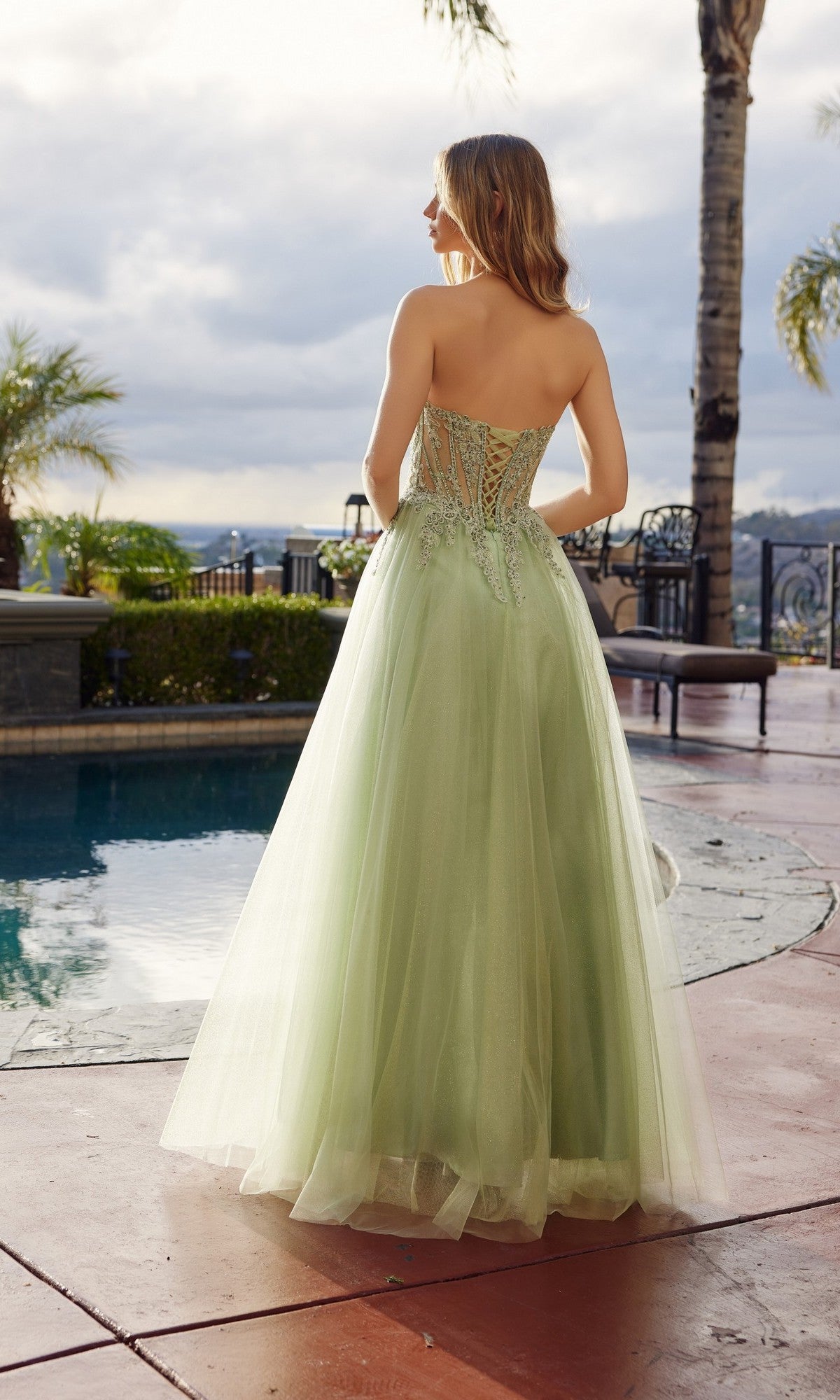 a-line strapless corset tulle floor-length prom dress with leaf lace Long Skirt Sage Green / 2 Length;Silhouette BACKLESSDRESSES Chic A-line Off-the-shoulder Long Color:Petal