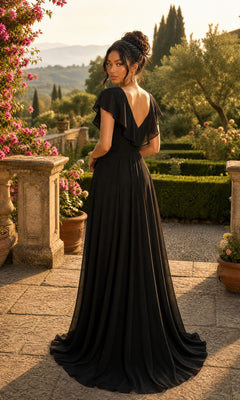 A woman wearing the Long Formal Dress: Chicas C2403 stands on a stone terrace, surrounded by lush greenery and blooming flowers in a garden setting, her back turned gracefully to the viewer.