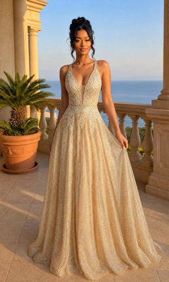 A woman in the Long Prom Dress: Chicas C2425, featuring a champagne gold, sparkly finish, deep V neckline, and flowing a-line skirt, stands on a balcony with ocean and palm trees in the background.